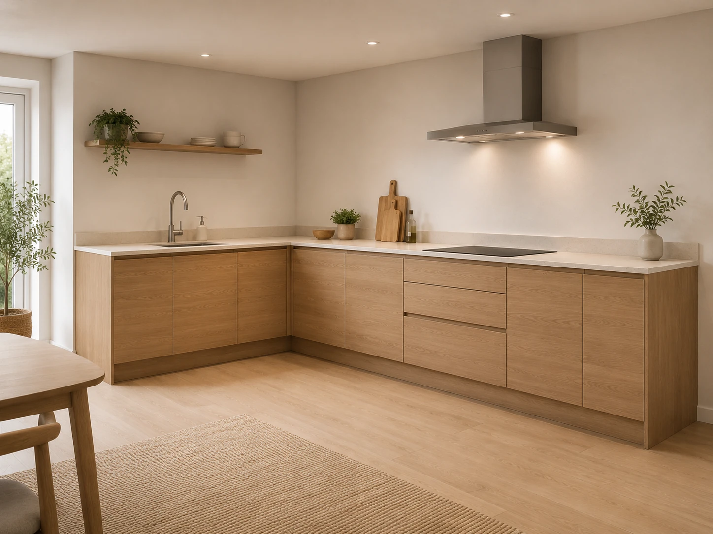 Gemiddelde L-keuken met houtlook fronten, lades en zijpanelen, visualisatie van een mogelijk eindresultaat