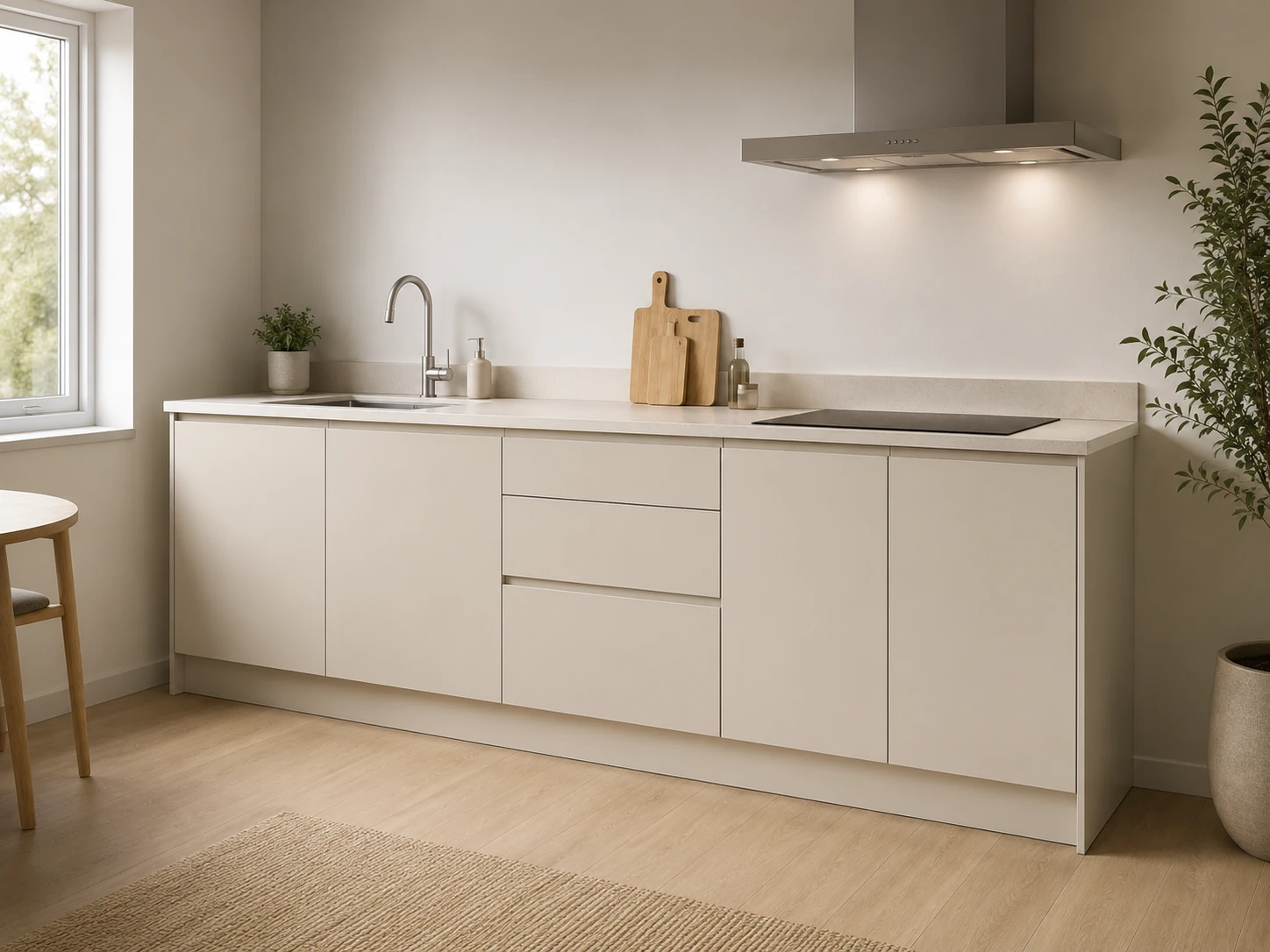 Kleine rechte keuken met vlakke matte fronten en lades, visualisatie van een mogelijk eindresultaat
