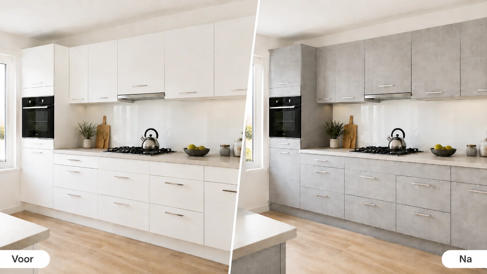 Voor en na visualisatie van keuken wrappen (visualisatie van een mogelijk eindresultaat)