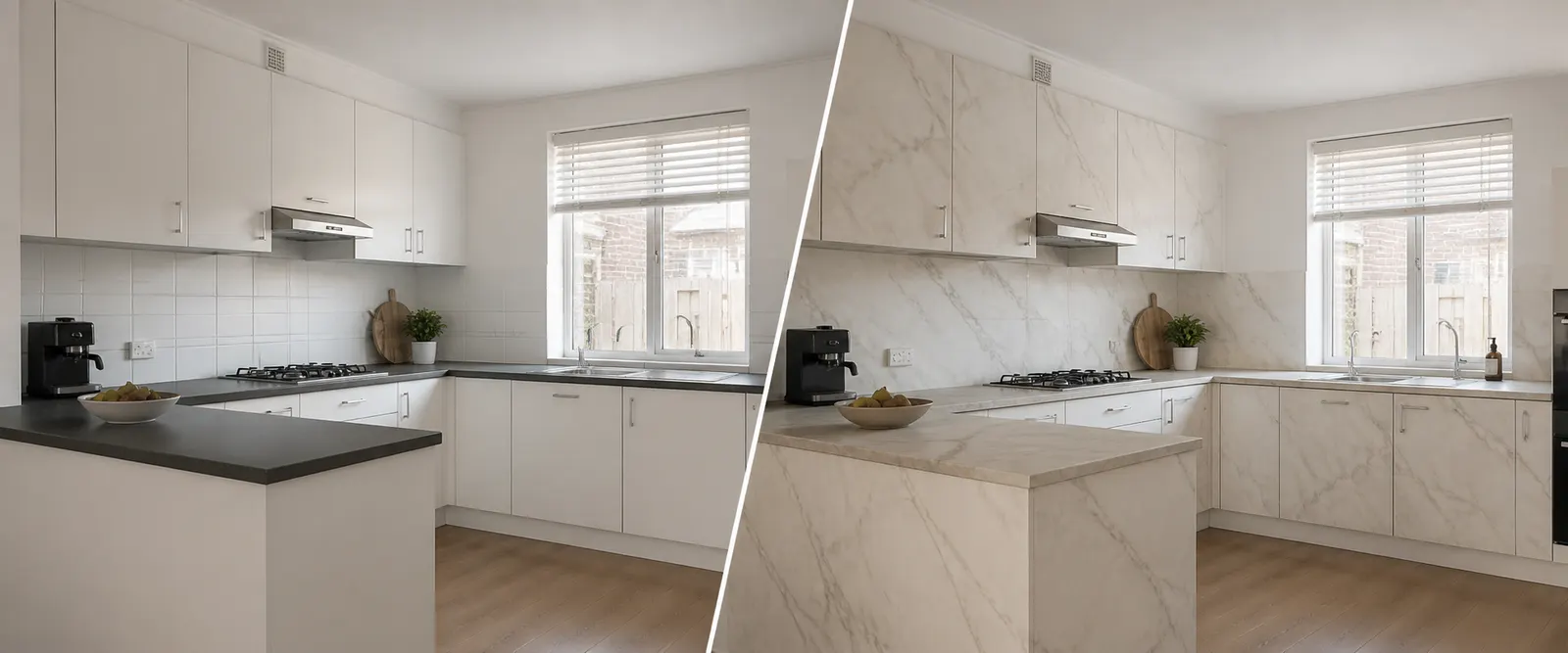 Keuken gewrapt van wit naar marmerlook interieurfolie, render ter illustratie